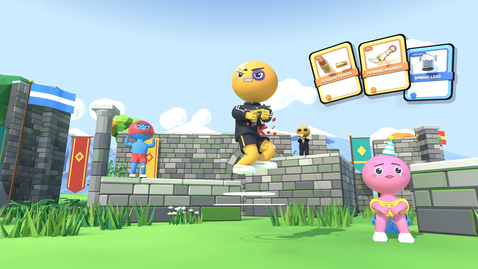 The cast of Sore Losers in a sunny stone courtyard, with three upgrade cards floating above them