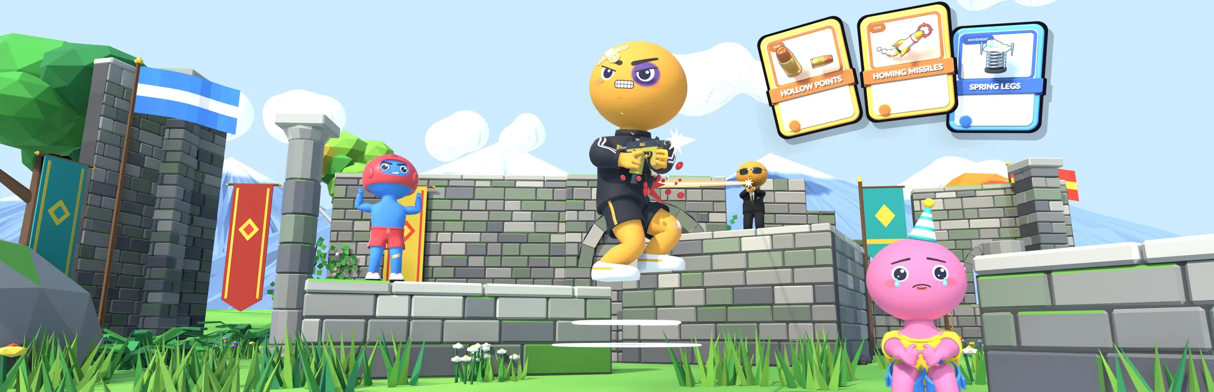 The Sore Losers cast in a sunny ruined courtyard, one of them mid-jump with a gun, with upgrade cards in the sky