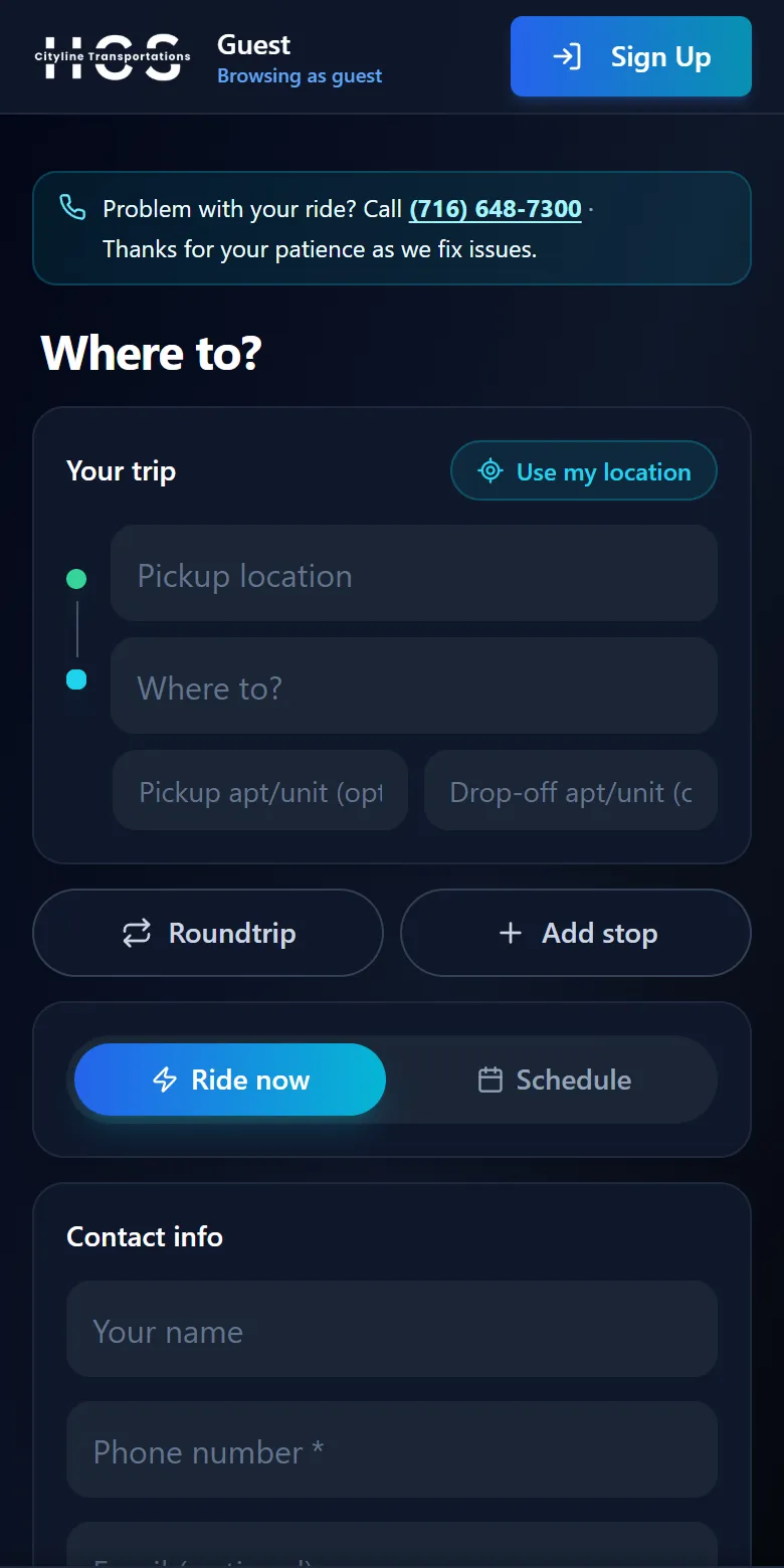 Booking a ride: pickup, destination, ride now or schedule