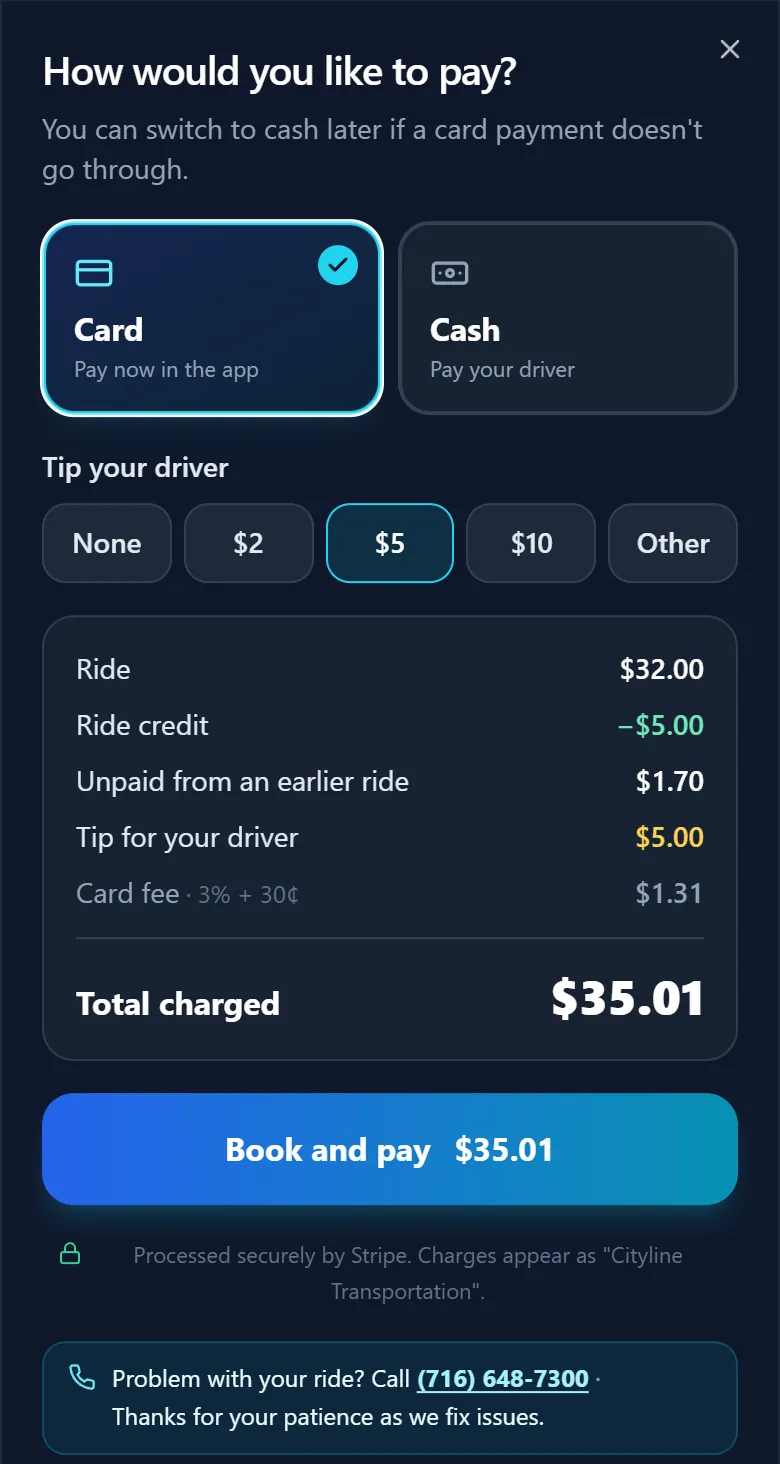 Checkout: card or cash, a tip, and every line of the total