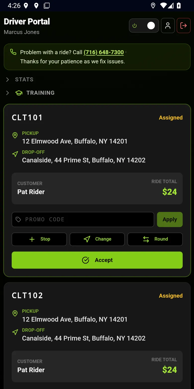 The Cityline Staff app's Driver Portal with assigned rides